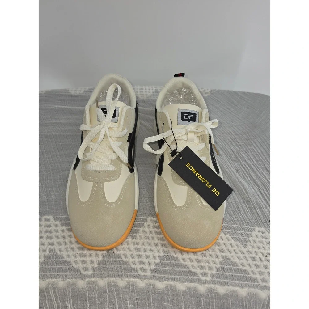 De Florance Womens Low Top Sneakers Cream Beige Black Size 10.5 Italian Design